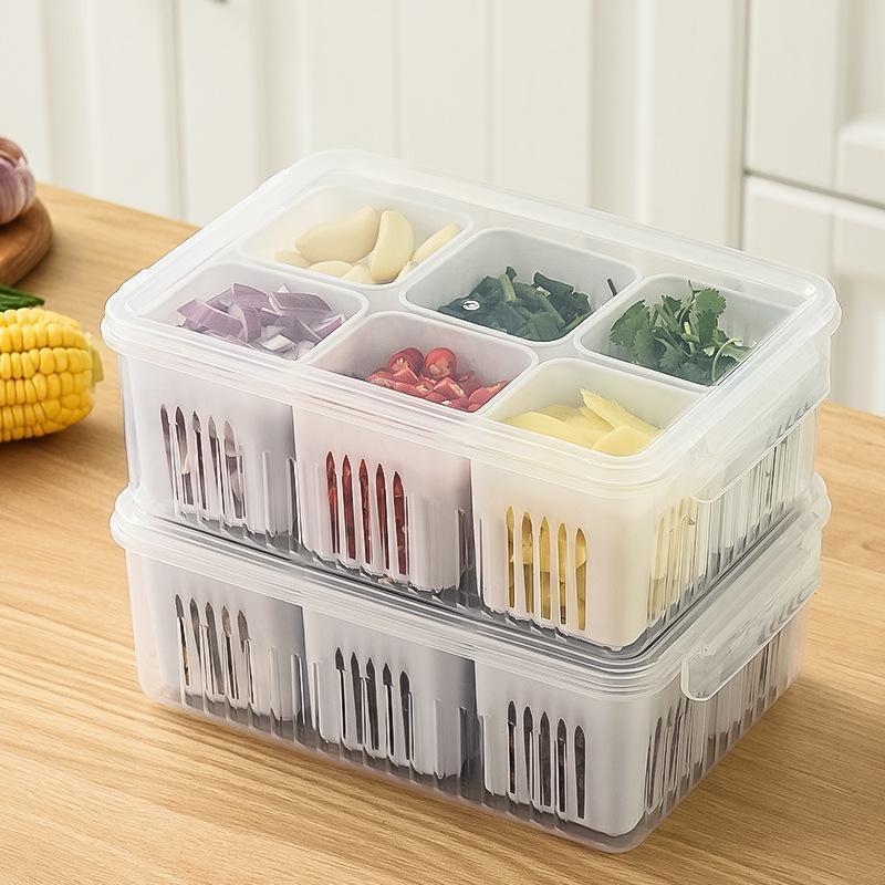 1 Set of Multi-functional Transparent Box Detachable Six-compartment Food Storage Box Partition Design Kitchen Refrigerator Fruit Preservation Box