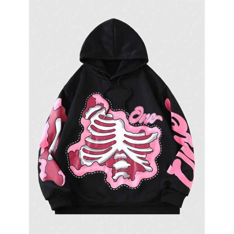 Unisex Streetwear Hoodie With Skeleton Print Loose Fit Casual Pullover Men Women