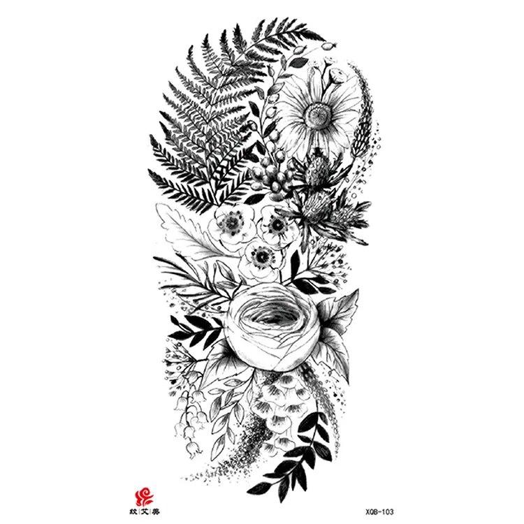 Маленькая водонепроницаемая временная татуировка на всю руку с головой волка, тигра и цветка, наклейка для боди-арта, рука для мужчин и женщин