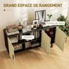 Storage furniture with cabinets with cane-effect doors, adjustable shelves, 136 x 41 x 70 cm, black and natural wood