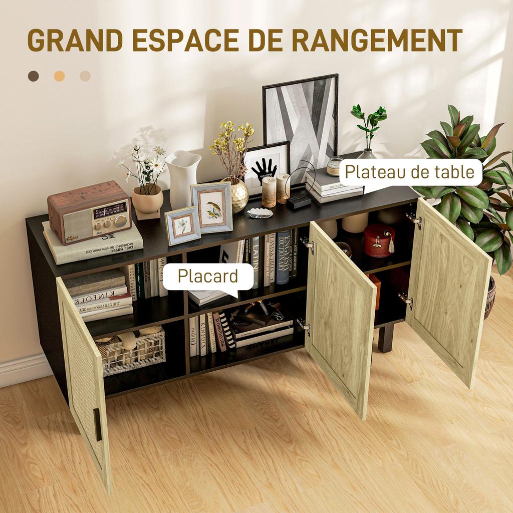 Storage furniture with cabinets with cane-effect doors, adjustable shelves, 136 x 41 x 70 cm, black and natural wood