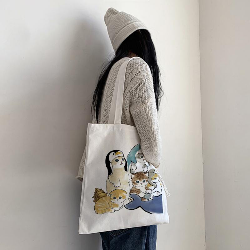 Harajuku Kawaii Cat Shark Y2k сумка на плечо модная повседневная женская парусиновая сумка с героями мультфильмов большая вместительная женская сумка на молнии сумки-шоппер