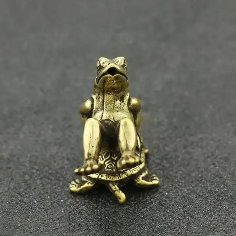 1 Pcs Vintage Brass Turtle Back Frogs Micro Sculpture Tea Pet Collection Ornaments Home Decor Room Tabletop Handicraft Model