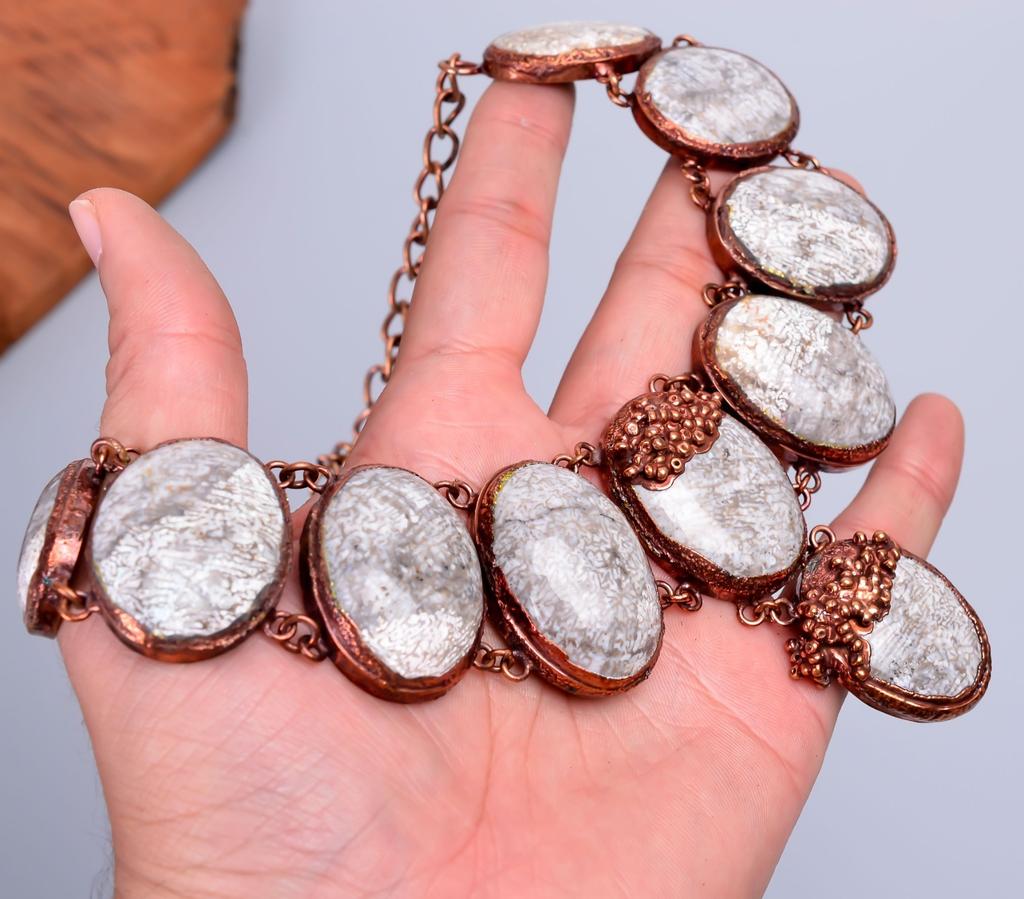 Friendship Day Deal Oval Fossil Coral Stone Copper Electroformed Chain Necklace V-86