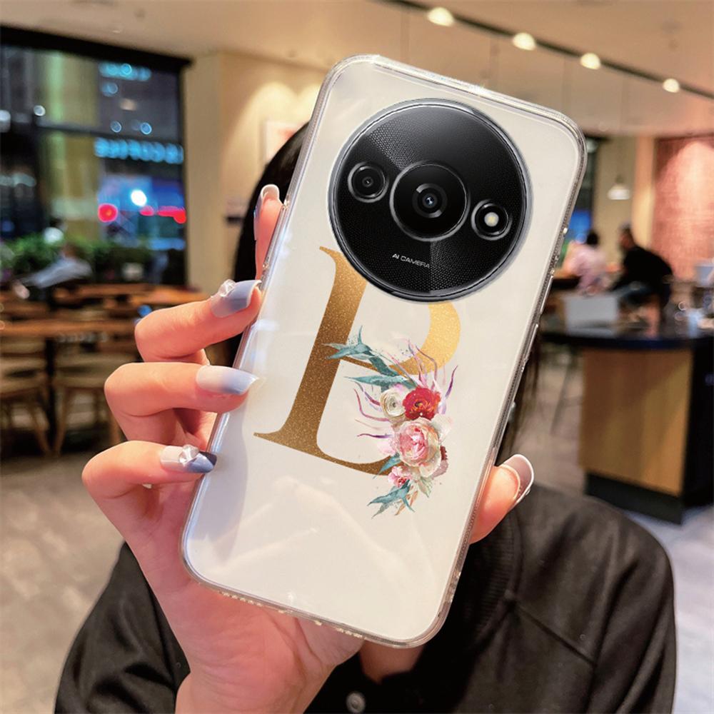 Чехол для телефона Xiaomi Redmi A3 redmia3 Прозрачный силикон Защита камеры Цветы Золотые буквы A-Z Прозрачная крышка
