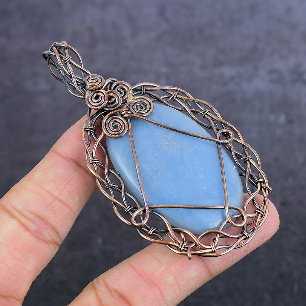 Angelite Stone Gemstone Handmade Copper Wire Wrap Jewelry Pendant 3.47" R3G61