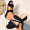 Черные босоножки на танкетке для женщин 2025 летняя мода круглый носок открытый носок босоножки с пряжкой повседневная удобная женская обувь