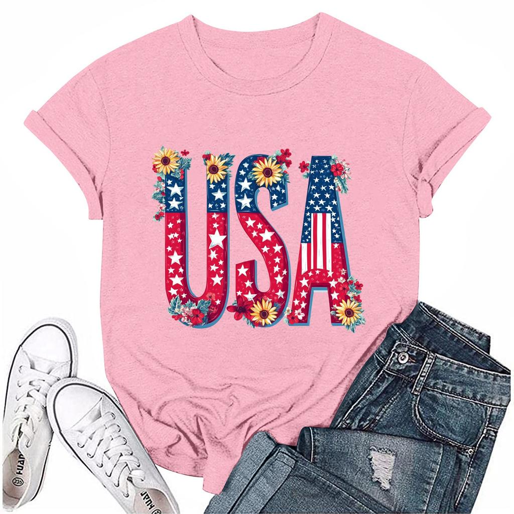 Women's Round Neck Casual Independence Day Printed Short Sleeve T-Shirt Top