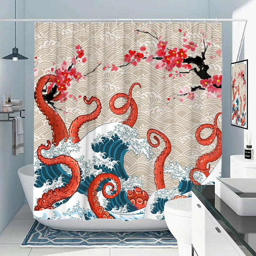 Octopus Bath Shower Curtain Nautical Ocean Sea Turtle Beach Coastal Navy Blue Fish Seashell Jellyfish Fabric Bath Curtains Bathroom Decor
