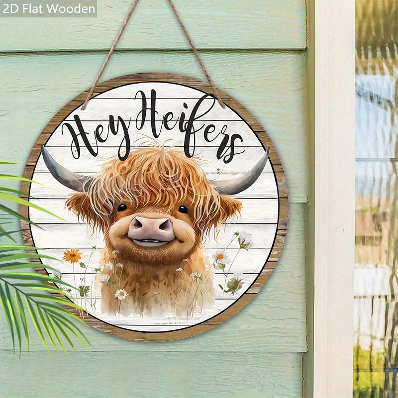 Wooden Welcome Sign with Highland Cattle Design - Rustic Decorative Plaque for Farmhouse, Front Door, Porch, Holiday Decorations