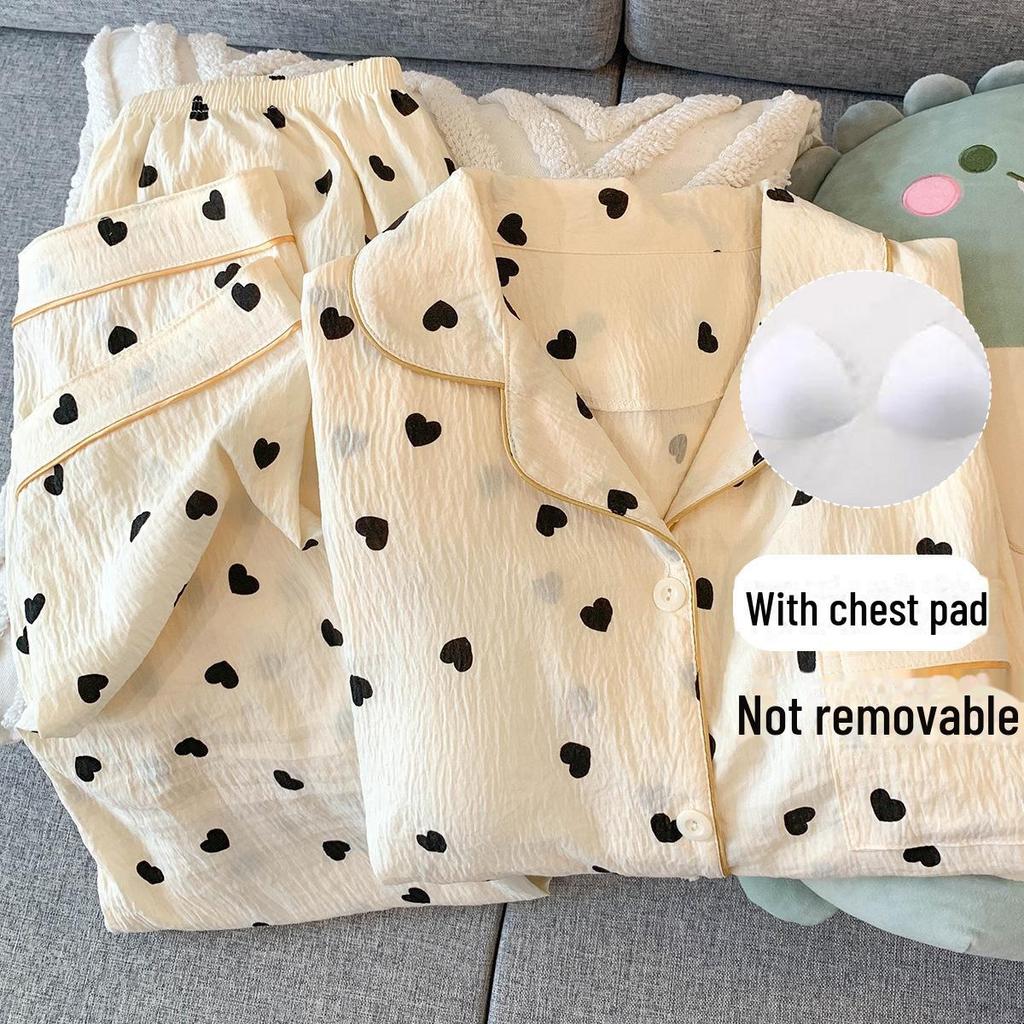 Женский пижамный комплект из хлопка в горошек: Кардиган с длинными рукавами и нагрудными накладками на весну и осень