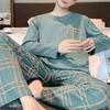 2 шт./компл., мужской пижамный комплект, весенне-осенний комплект с круглым вырезом и длинным рукавом, клетчатый топ с буквенным принтом, длинные брюки с эластичной резинкой на талии, комплект мужской пижамы, домашняя одежда