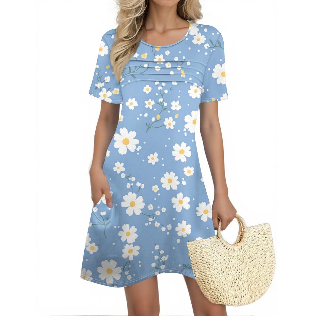 Женские летние платья Женские летние платья с цветочным принтом Повседневные платья с коротким рукавом и круглыми карманами