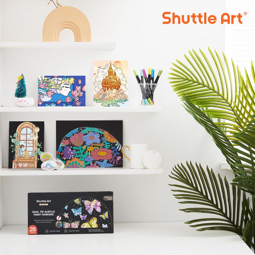Shuttle Art Акриловые металлические маркеры с двумя наконечниками: точечным и кисточкой, 28 сверкающих глиттерных акриловых красок для письма и рукоделия, подарочный набор, цвета, наконечники, набор,