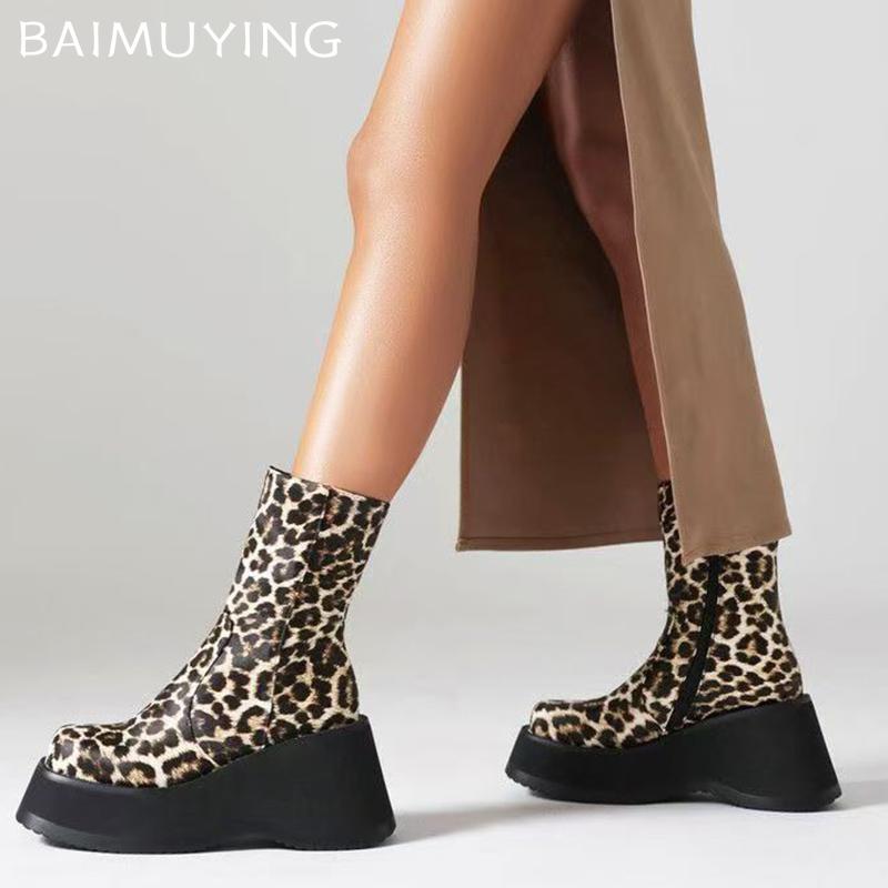 Leopard Platform Women Ankle Boots Fad Wedges High Heels Leather Shoes 2025 Trend Designer Goth Winter Motorcycle Botas De Mujer