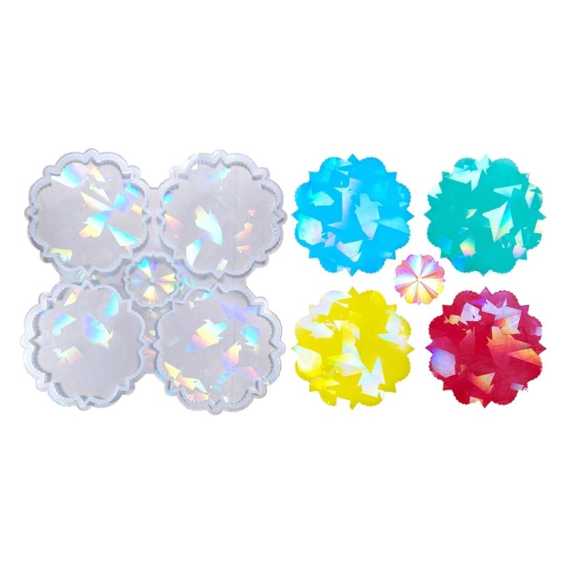 Crystal Coaster Mold 4-Cavity Flower Shaped Holographic Resin Molds Silicone Jewelry Making Epoxy Mould Decorative DIY