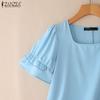ZANZEA Women Casual Square Collar Loose Summer Short Sleeve Plain Blouse