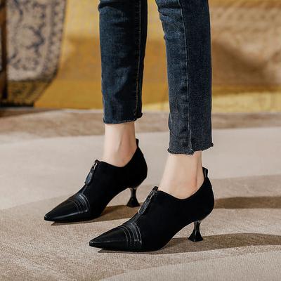 Женские туфли на высоком каблуке, тонкий каблук, 2025 новая осень и зима, молния спереди, ретро британские женские туфли, комбинированные, с острым носком, с глубоким вырезом, одинарные туфли