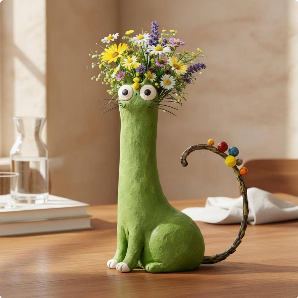 Whimsical Feline Vase Quirky Design Feline Vase Kitty Flower Pot Decorative Accent Resin Sculpture Planter Handmade Look
