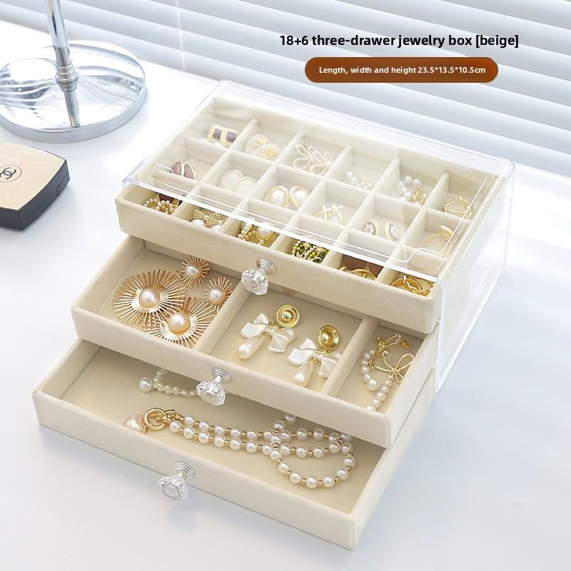 Three-layer Flannel Jewelry Storage Box, Earrings, Earrings, Storage Box, Jewelry Dust-proof Drawer Jewelry Box Storage