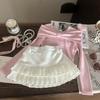 Korean Spring/Summer 2025 Girls' Bow Shirt & White Pleated Skirt Pants Set