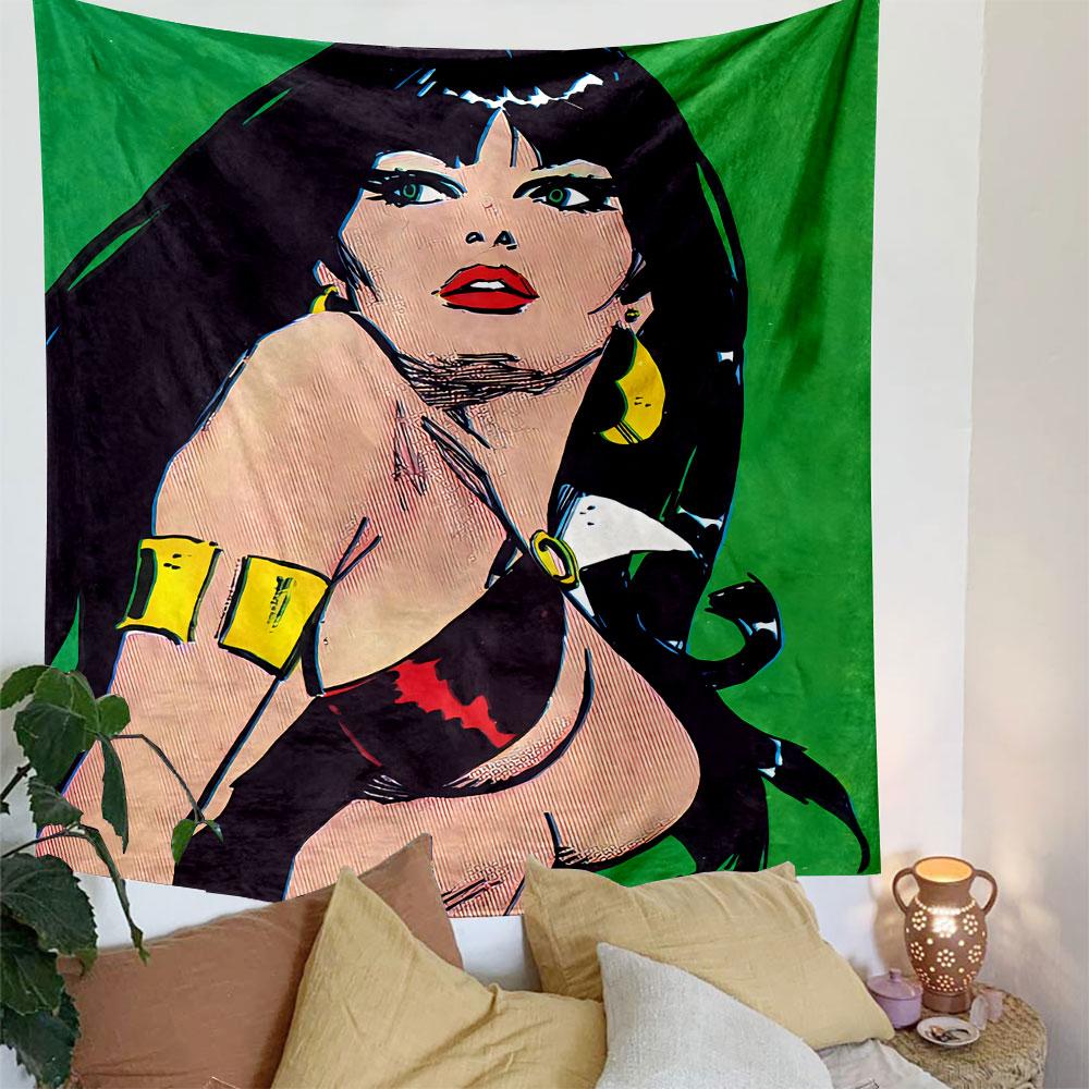 Bold comic-style artwork of a woman with dark hair and vibrant accents. Patterned tapestry for bedroom and living room home decor