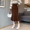 Юбки миди с высокой талией для женщин, весенние облегающие юбки-русалки с корейскими оборками и коричневыми юбками