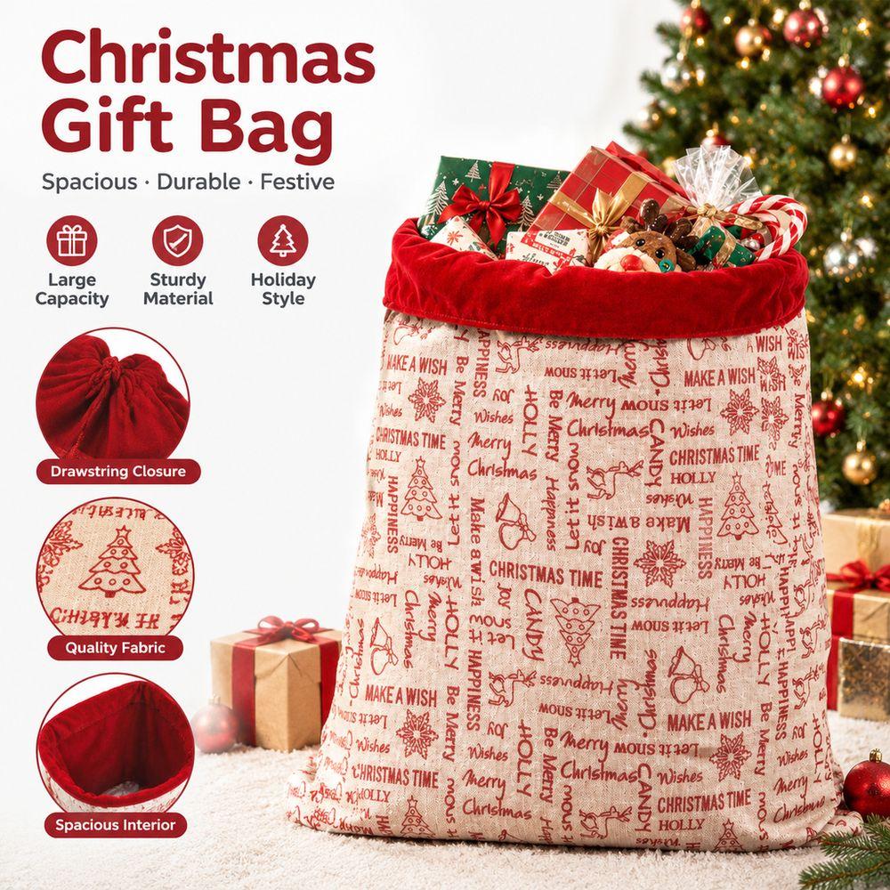 Linen Fabric Christmas Gift Bag Red Velvet Cuff Xmas Gift Bag New Santa Sack Christmas