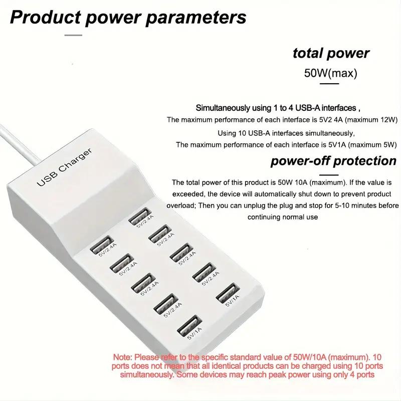 10-портовая USB-зарядная станция мощностью 50 Вт: Интеллектуальная защита от короткого замыкания и распределения питания для нескольких устройств