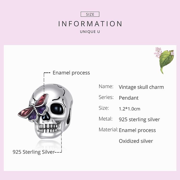WOSTU 925 Sterling Silver Vintage Skull & Butterfly Charm Pendant Fit Original Bracelet Necklace For Women Jewelry