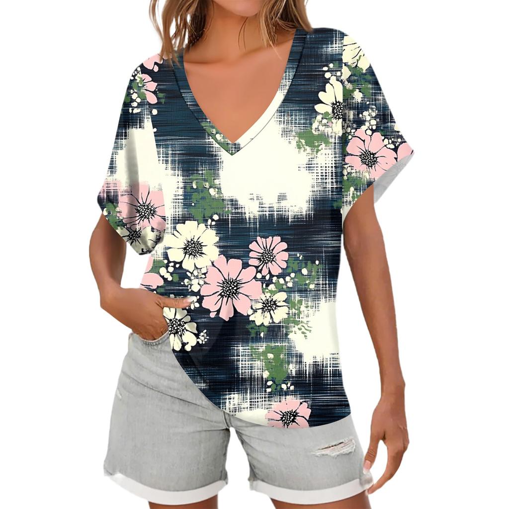Womens Short Sleeve V-Neck Shirts Floral Print Loose Casual Basic Tees Summer Tops