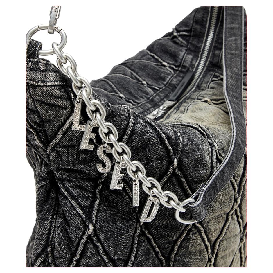 Diesel Diamond Pattern Chain Decoration Design Fabric Hobo Shoulder Bag Large Women bags Black X10363P6330