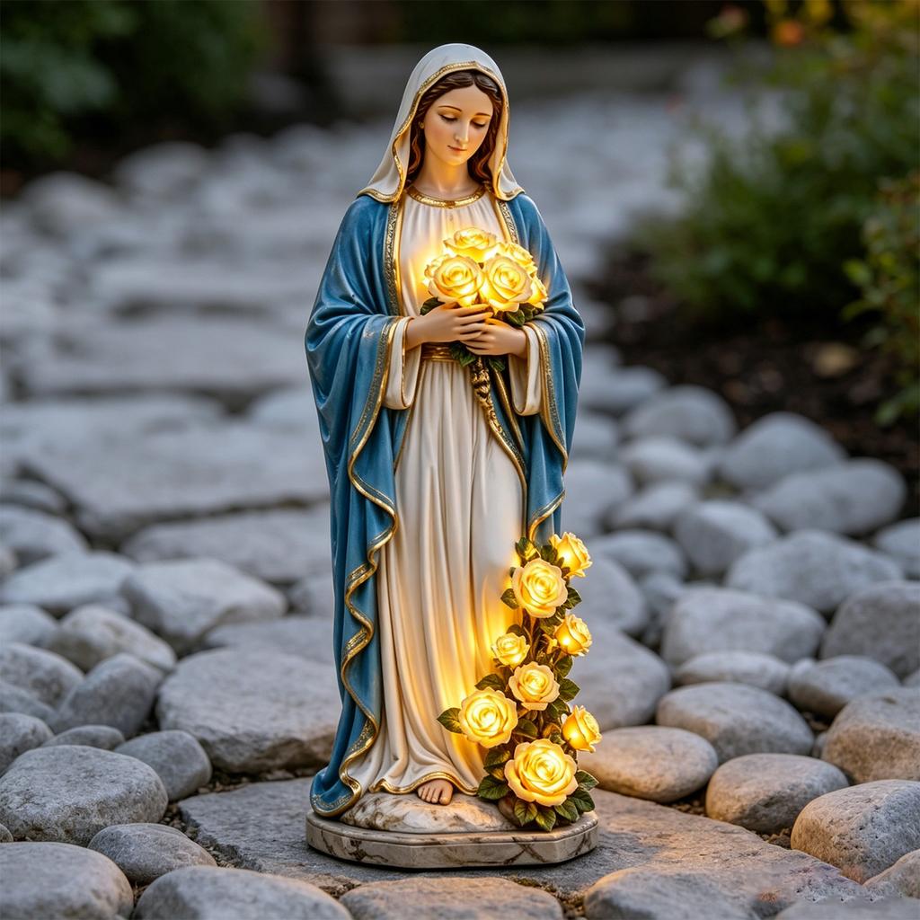 Resin Figurine Lamp with Glowing Roses Decorative Yard Lamp Garden Decor Figurine Lights for Outdoor Patio Porch Yard
