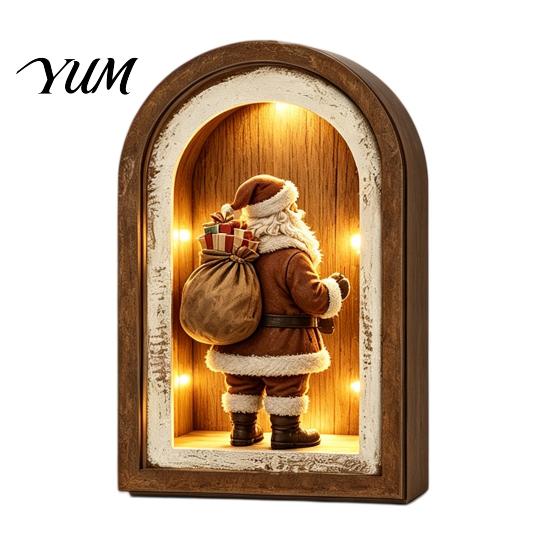 Glowing Christmas House Pictures Vintage Arched Wooden Wall Art, Double Layer Wood Framed Sign, Farmhouse Tree Decorations Xmas Print Hanging