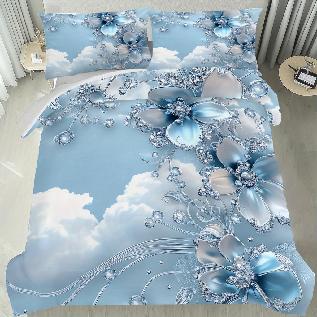 Latacaca 2/3Pcs Blue Crystal Cloud Floral Duvet Cover Set Wrinkle Fade Resistant Machine Washable Bedding with Pillowcases