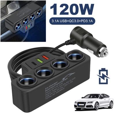 Разветвитель прикуривателя для автомобиля 12 В 24 В с 4 выходами и 3 USB-портами Быстрая зарядка QC3.0 PD3.1A