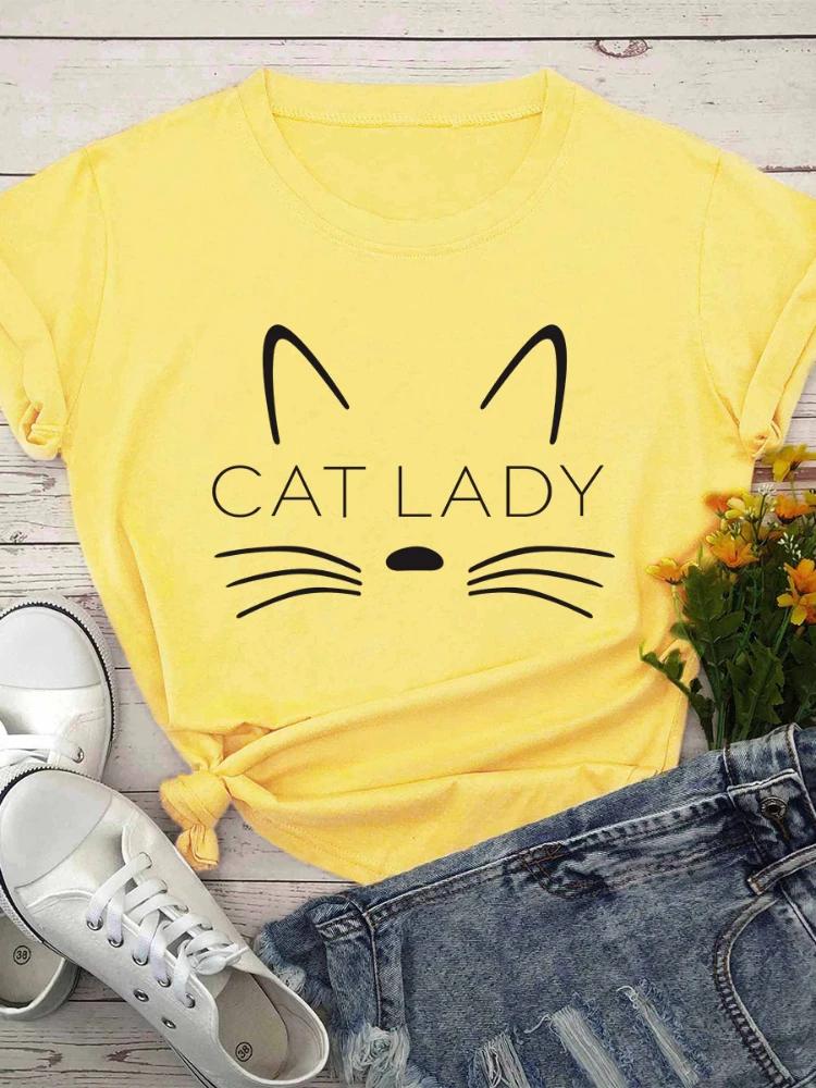 Милая кошачья мордашка с принтом для женщин Футболка с коротким рукавом и круглым вырезом Свободная женская футболка Женская футболка Топы Camisetas Mujer