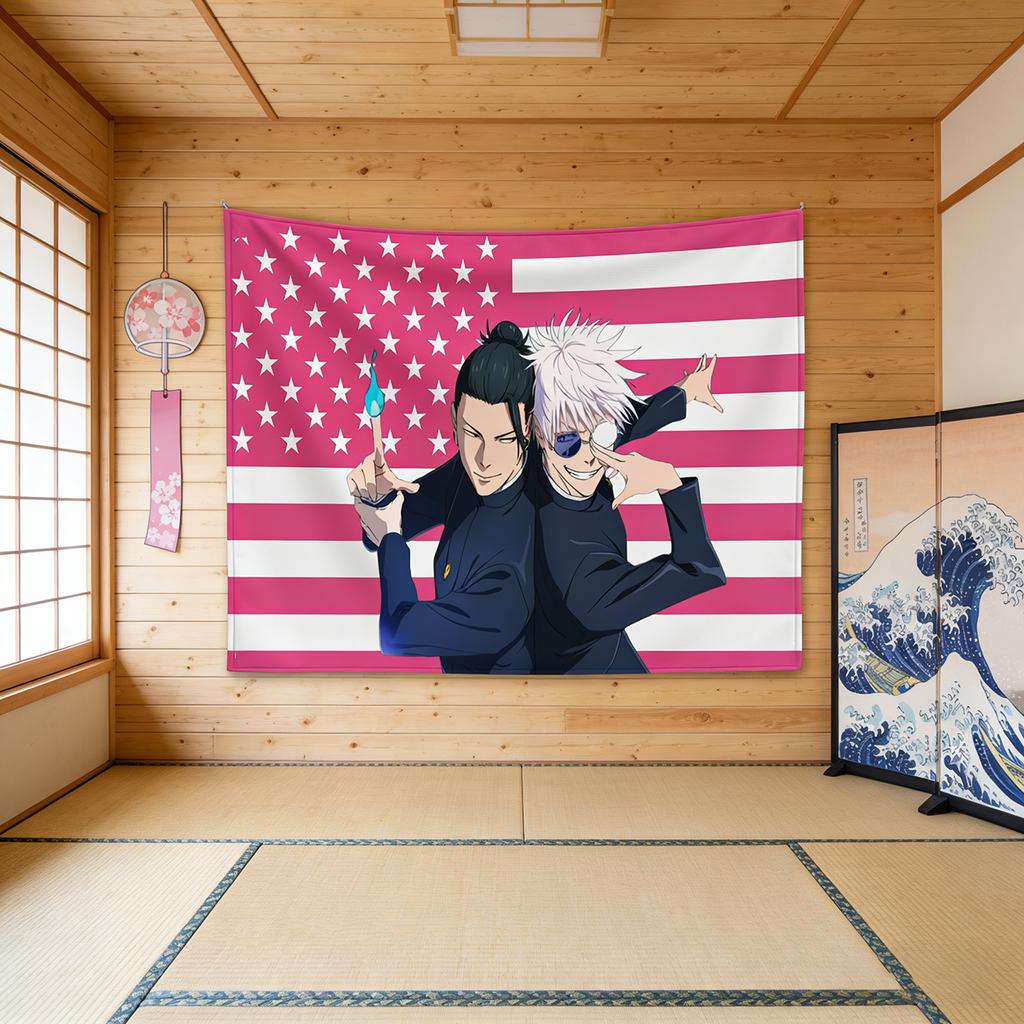 Jujutsu Kaisen Годжо Сатору Розовый Баннер с Американским Флагом Украшение Флаги для Гаража Декоративные Предметы для Дома Наружный Декор Настенный Ковер Подвешивание