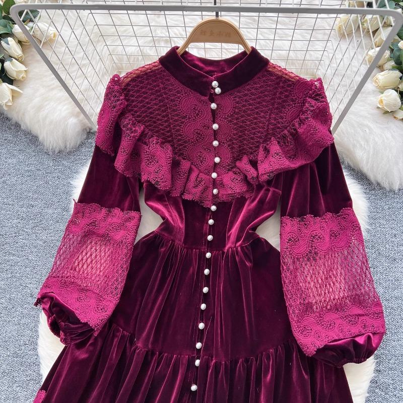 Платья High Street Женские ретро кружевные пэчворк золотые бархатные платья с французской жемчужной пряжкой длиной до талии винтажные шикарные платья