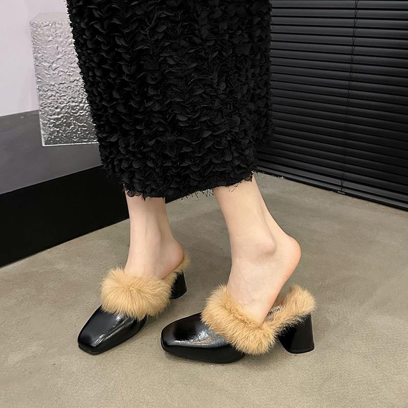 Женские тапочки с острым носком Элегантные мюли Тапочки Осенние меховые туфли на высоком каблуке Женские офисные туфли для работы Женские туфли Zapatos De Mujer