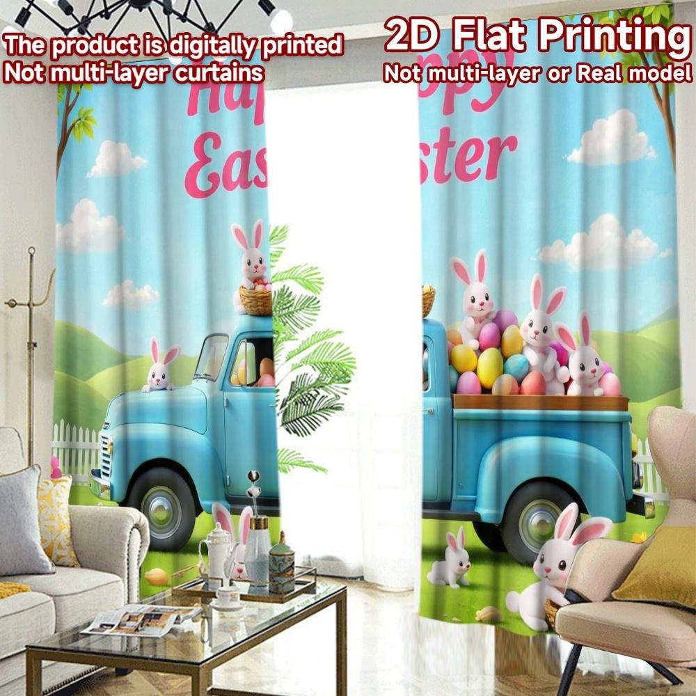 2D FLAT PRINTING 2pcs Curtains (Without Rod) Easter Bunny Truck Popular Curtains&Drapes Machine Washable Fabric Curtains Eid