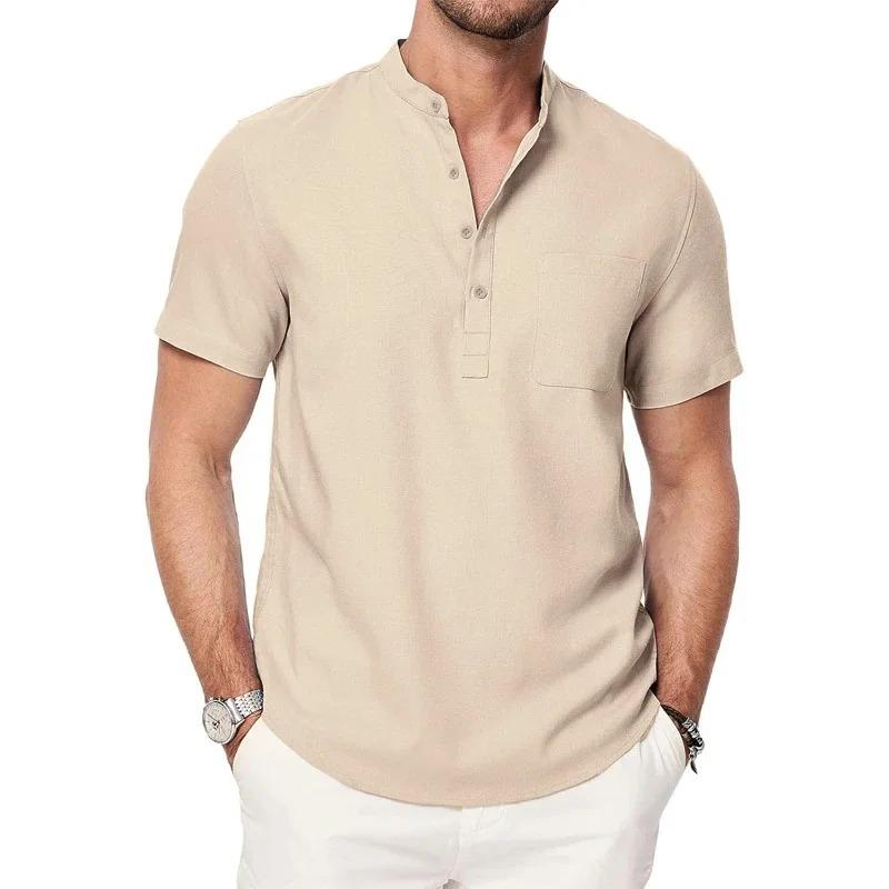 Мужская футболка с воротником хенли из хлопка и льна с карманами на пуговицах, повседневные футболки с коротким рукавом для отдыха на пляже, однотонные легкие топы