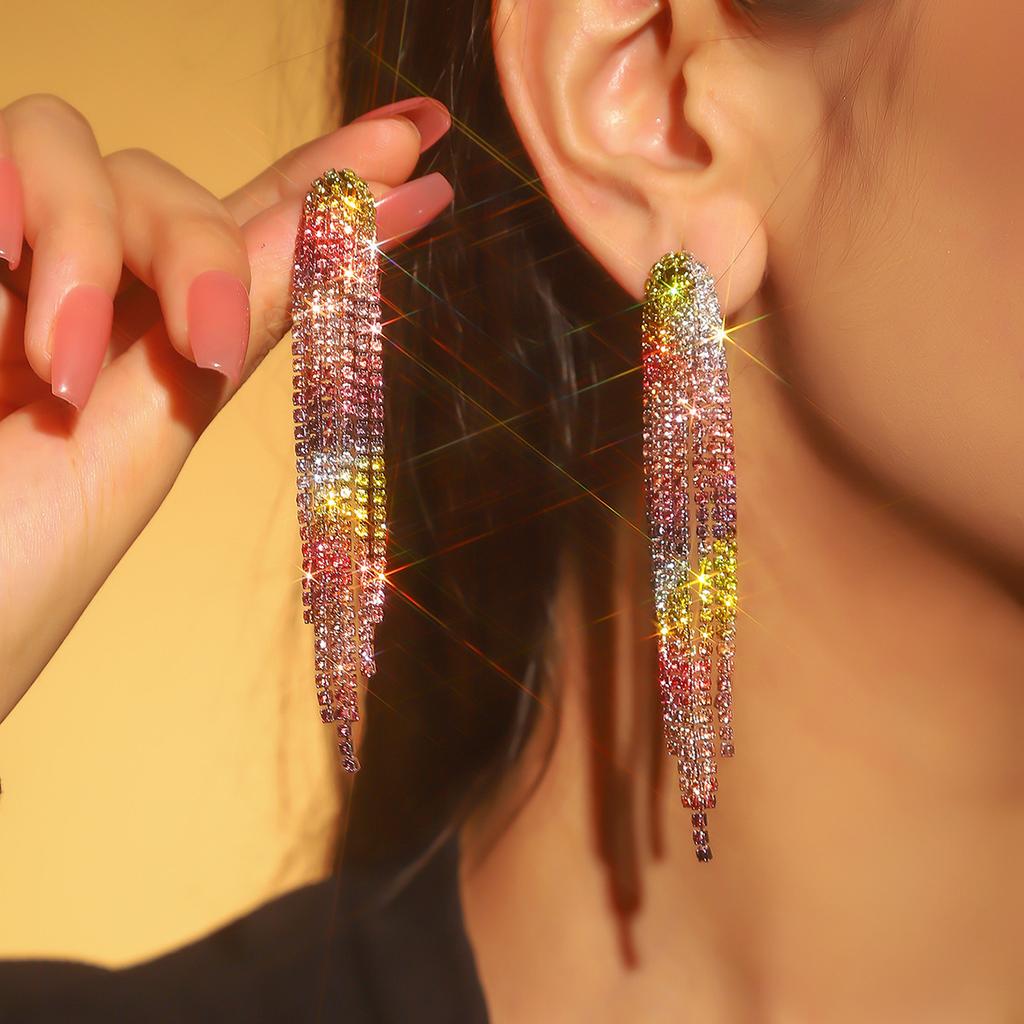 Colored Shiny Rhinestone Long Fringed Earrings