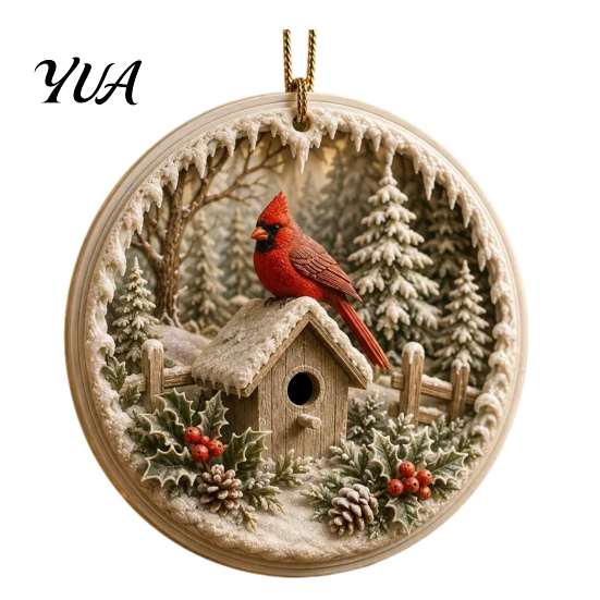 Lightweight Christmas Decor Acrylic Red Bird Ornament, Snow Scene Pattern Xmas Tree Festive Wall Door Hangings Hanging Decor, Retro Round Pendant for