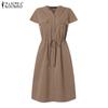 ZANZEA Summer Casual V-neck Short Sleeve Tunic Waist Shirt Dress