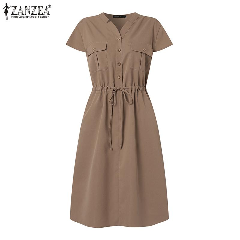 ZANZEA Summer Casual V-neck Short Sleeve Tunic Waist Shirt Dress