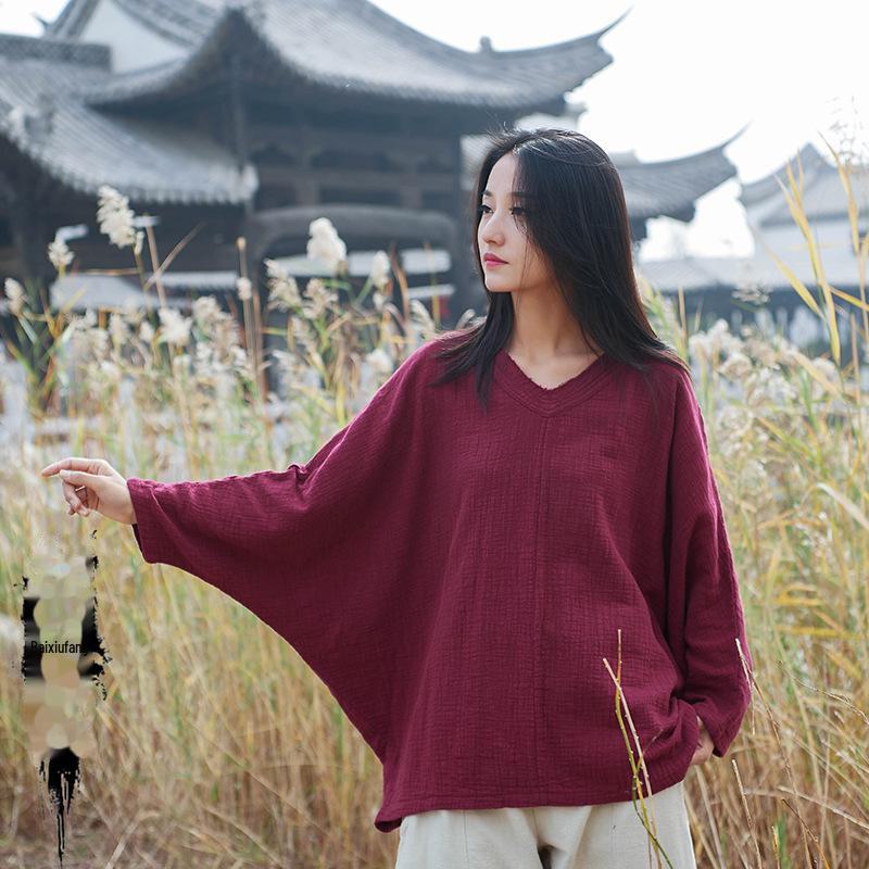 2025 Spring/Summer Women's Chinese Retro Slimming V-Neck Cotton/Linen Bat Sleeve T-Shirt