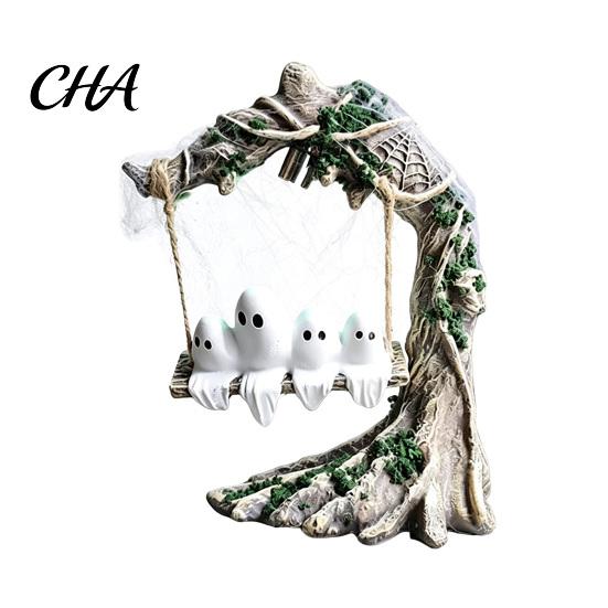 Outdoor Halloween Yard Decorations Glowing Ghost on Swing Resin Decor, Weatherproof Garden Ornament with Luminous Figurine Green Light, Spooky