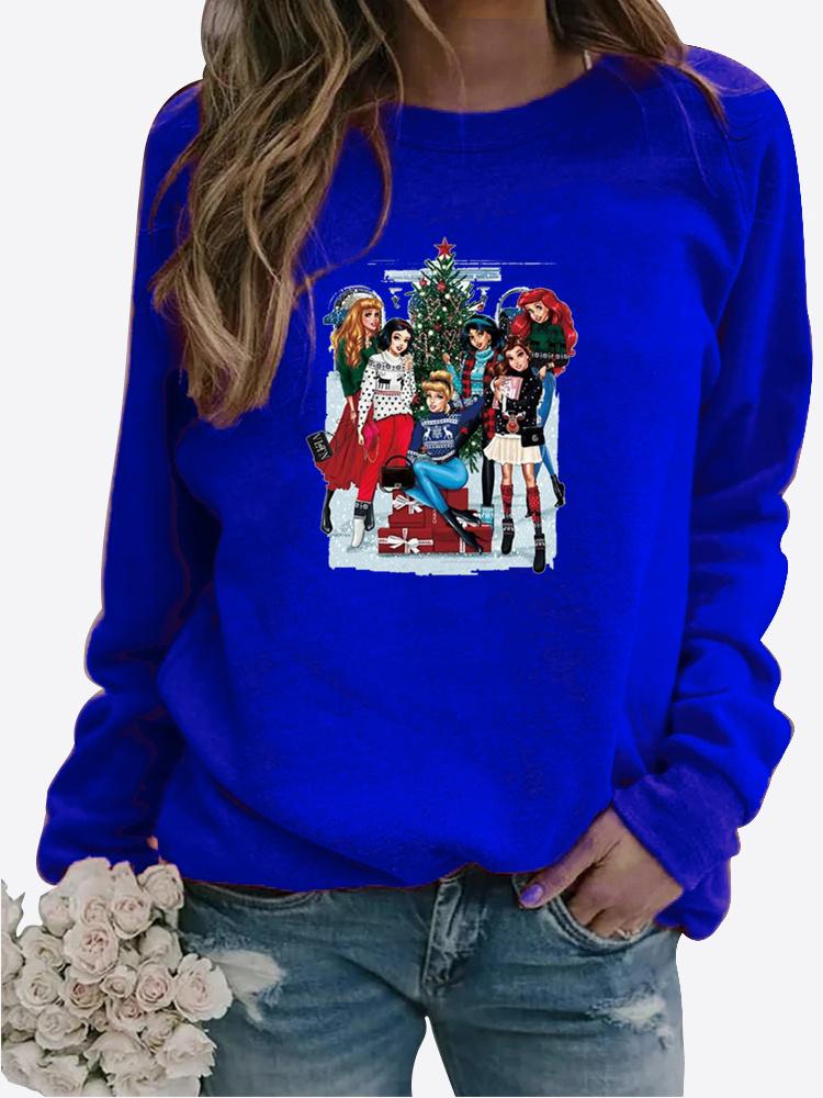 Spring and Autumn Women's Christmas Theme Printed Sweater Thickened Round Neck Long Sleeve Casual Sweatshirt Plus Size Top