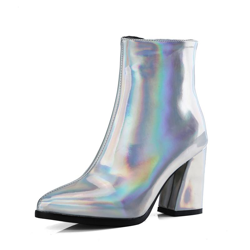 Patent Leather Gold Boots Silver Shoes Ladies Zipper Thick High Heels Short Boot Autumn Winter Size 43
